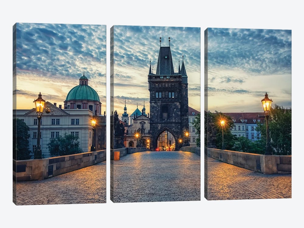 Charles Bridge In The Morning by Manjik Pictures 3-piece Canvas Wall Art