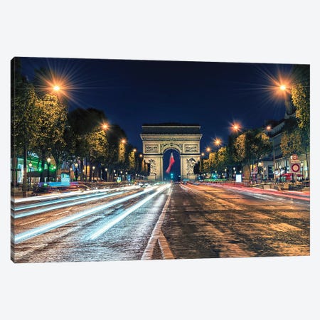 Champs Elysees By Night Canvas Print #EMN912} by Manjik Pictures Canvas Artwork