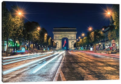 Champs Elysees By Night Canvas Art Print - Arc de Triomphe
