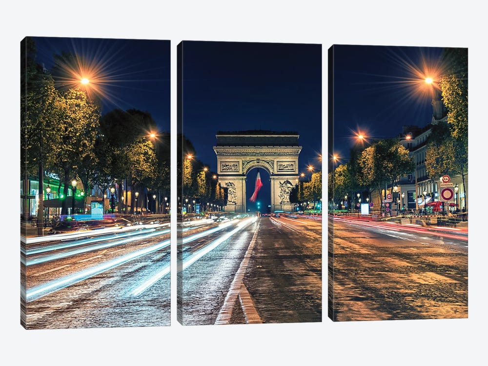 Champs Elysees By Night by Manjik Pictures 3-piece Canvas Wall Art