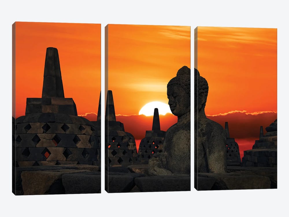 Borobudur Sunset by Manjik Pictures 3-piece Canvas Art