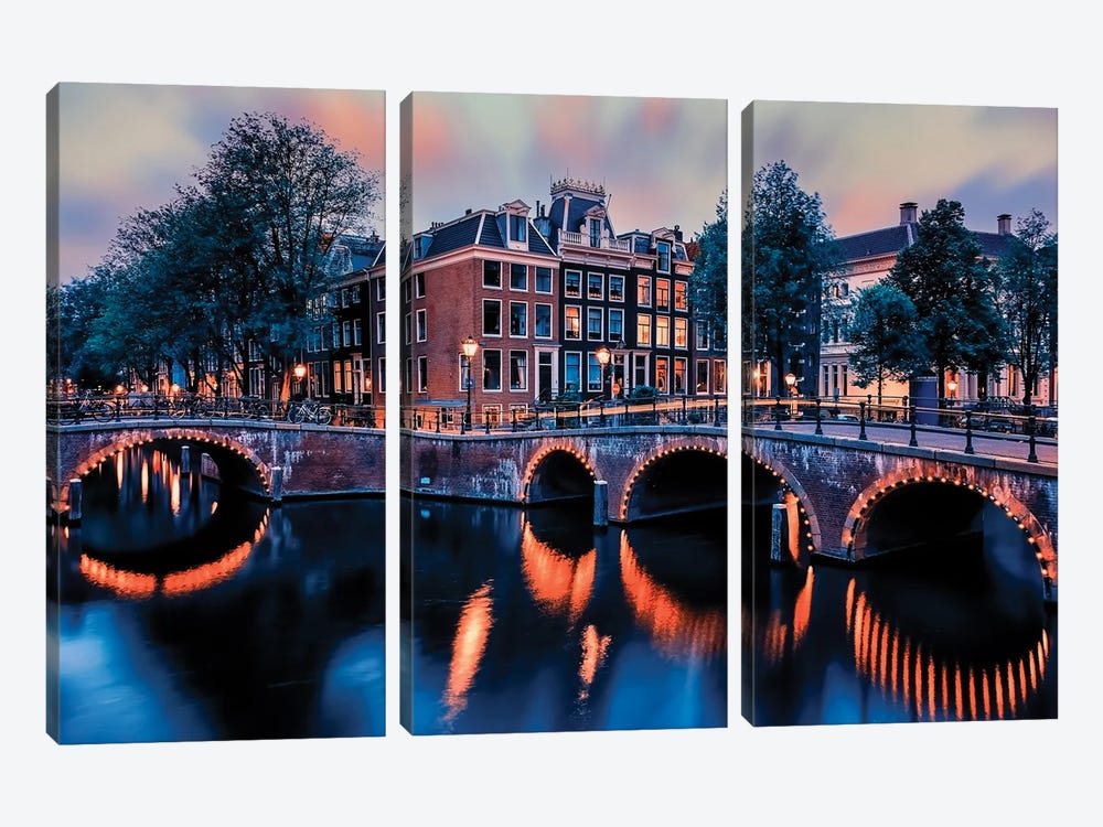 Sunset In Amsterdam by Manjik Pictures 3-piece Canvas Art