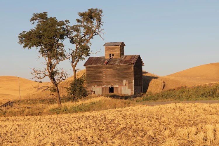 USA, Washington State, Whitman County, Palouse Colfax Old Grain Silo And Barn Along Filan Road