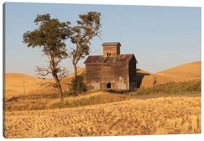 USA, Washington State, Whitman County, Palouse Colfax Old Grain Silo And Barn Along Filan Road Canvas Art Print