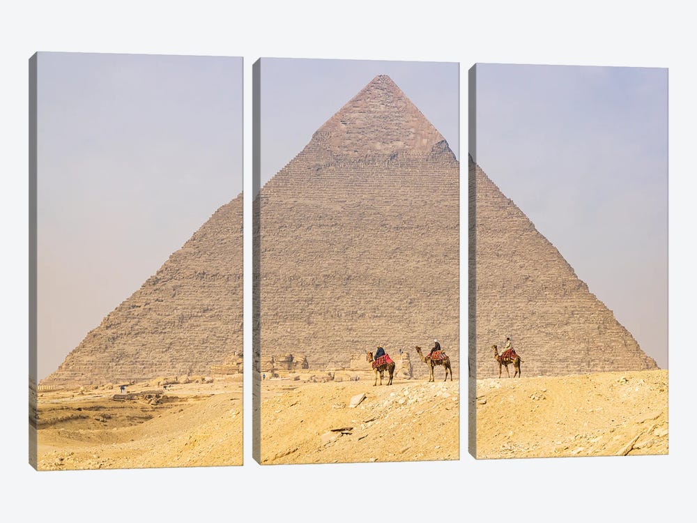 Giza, Cairo, Egypt. Men On Camels At The Great Pyramid Complex. by Emily M Wilson 3-piece Canvas Wall Art