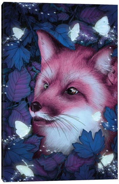 Fox In The Midnight Forest Canvas Art Print - Purple Art