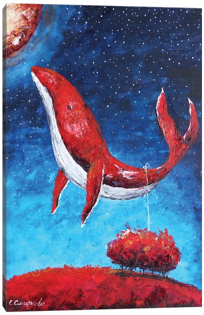 Red Whale Canvas Art Print - Blue & Red Art