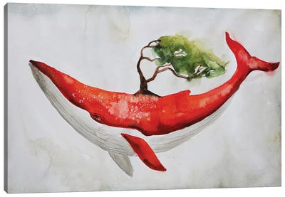 Red Whale And Tree Canvas Art Print - Evgenia Smirnova