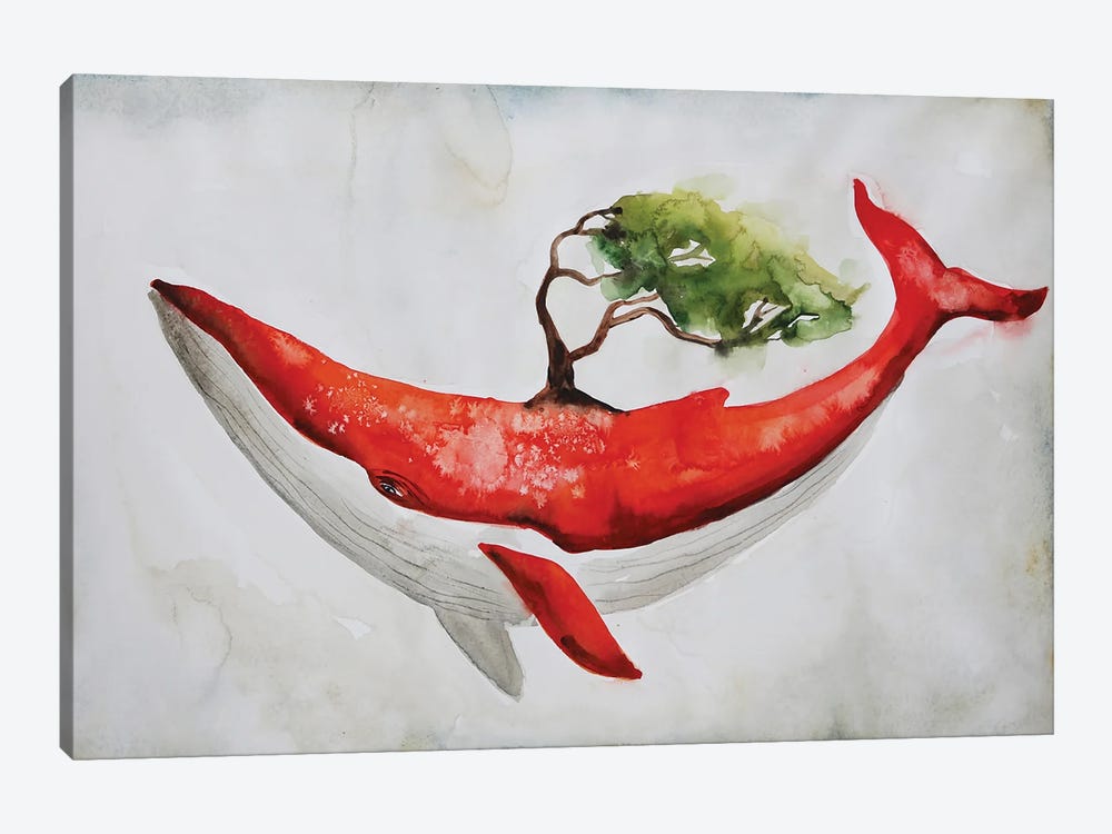 Red Whale And Tree by Evgenia Smirnova 1-piece Art Print