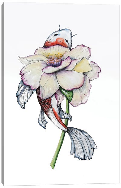 Peony Flower And Koi Fish Canvas Art Print - Evgenia Smirnova