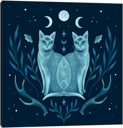 Symmetrical Two Cats Canvas Art Print - Turquoise Art