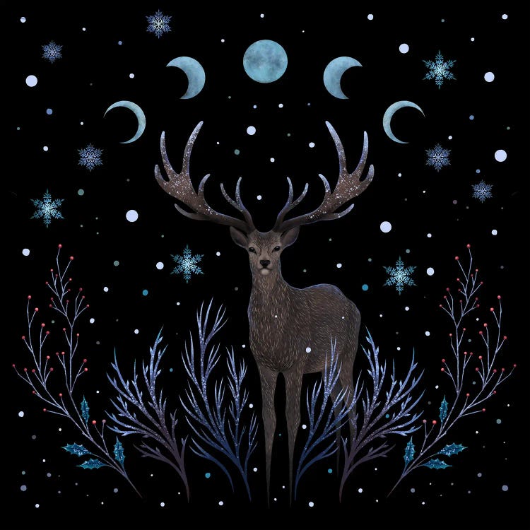 A Deer In Winter Night Forest