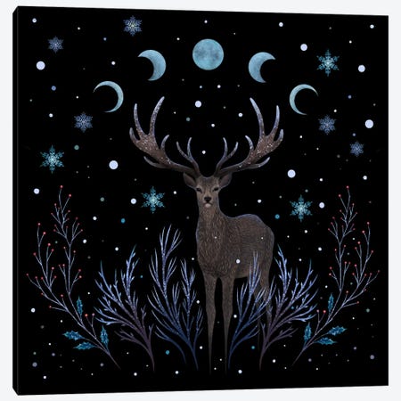 A Deer In Winter Night Forest Canvas Print #EPD23} by Episodic Drawing Canvas Art