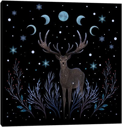 A Deer In Winter Night Forest Canvas Art Print - Episodic Drawing