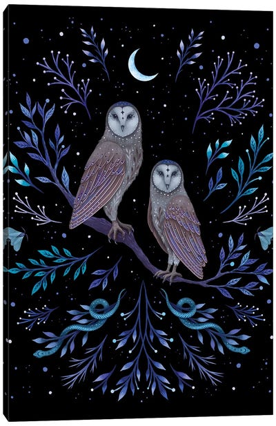 Owls In The Moonlight Canvas Art Print - Purple Art