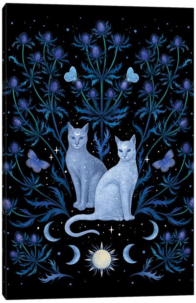 Blue Thistle And Cat Canvas Art Print - Blue Art