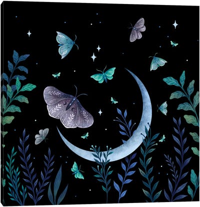 Moth Garden Canvas Art Print - Blue Art
