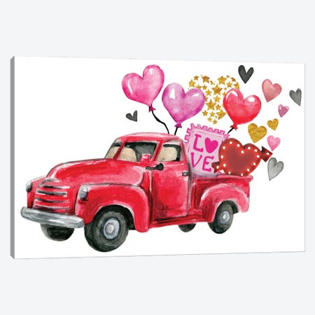 Valentine's Day Red Truck Canvas Print #EPG100} by Ephrazy Graphics Canvas Wall Art
