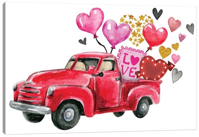 Valentine's Day Red Truck Canvas Art Print - Trucks