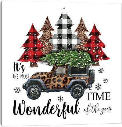 Christmas Jeep With Trees. Leopard Print Canvas Art Print