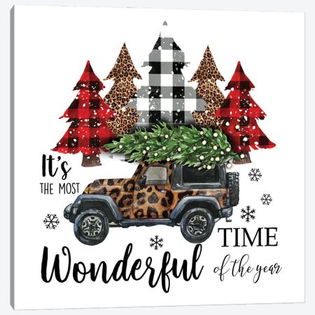 Christmas Jeep With Trees. Leopard Print Canvas Print #EPG102} by Ephrazy Graphics Canvas Art