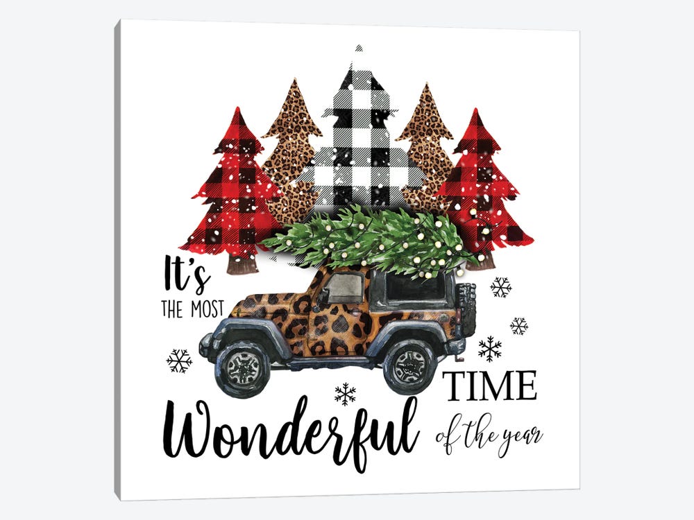 Christmas Jeep With Trees. Leopard Print by Ephrazy Graphics 1-piece Canvas Artwork