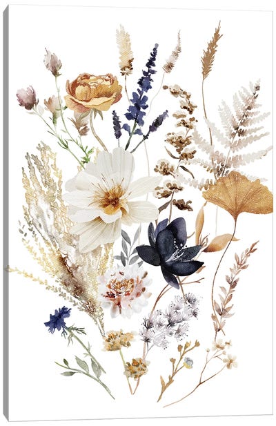 Navy Cream Flowers Canvas Art Print - Botanical Illustrations