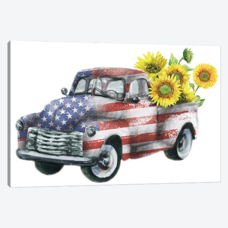 4Th Of July Truck With Sunflowers Canvas Print #EPG1} by Ephrazy Graphics Canvas Art