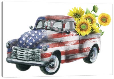 4Th Of July Truck With Sunflowers Canvas Art Print - Independence Day