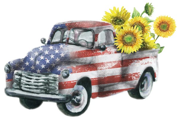 American Décor: 4Th Of July Truck With Sunflowers by Ephrazy Graphics