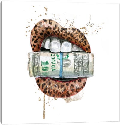 Leopard Lips With Dollars Canvas Art Print - Money Art