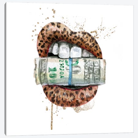 Leopard Lips With Dollars Canvas Print #EPG21} by Ephrazy Graphics Canvas Art Print