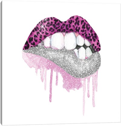 Leopard Pink Silver Glitter Lips Canvas Art Print - Make-Up Art