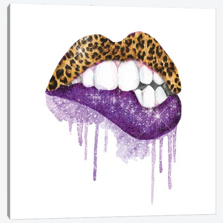 Leopard Violet Glitter Lips Canvas Print #EPG26} by Ephrazy Graphics Canvas Artwork