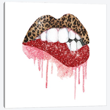 Leopard Red Glitter Lips Canvas Print #EPG27} by Ephrazy Graphics Canvas Wall Art