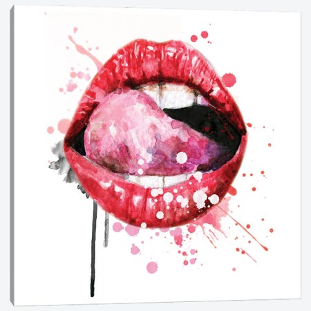 Red Watercolor Lips With Tongue Canvas Print #EPG28} by Ephrazy Graphics Canvas Art Print