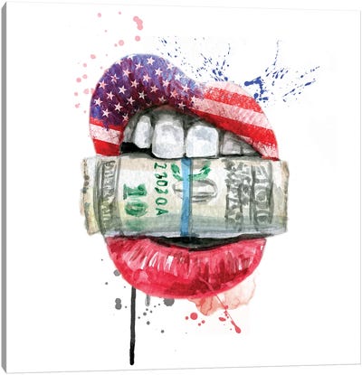 American Flag Lips With Dollars Canvas Art Print - Ephrazy Graphics