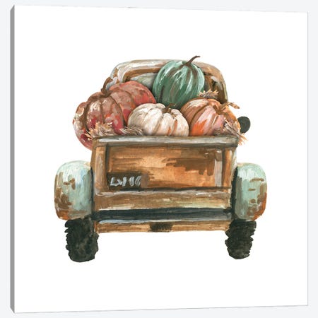 Fall Turquoise Truck Back With Pumpkins Canvas Print #EPG30} by Ephrazy Graphics Canvas Artwork