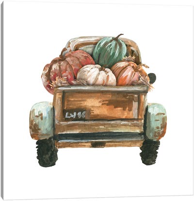 Fall Turquoise Truck Back With Pumpkins Canvas Art Print - Pumpkins