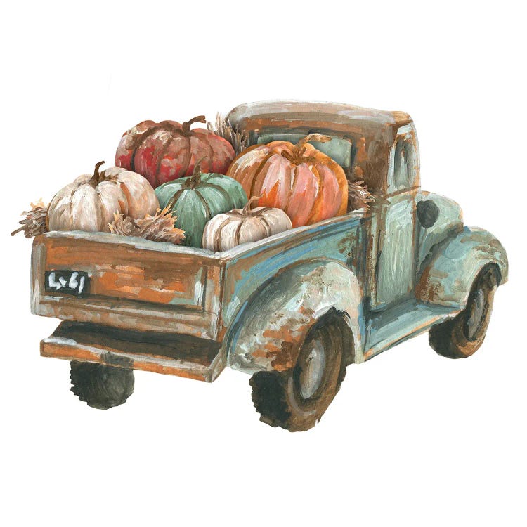 Fall Turquoise Truck With Pumpkins