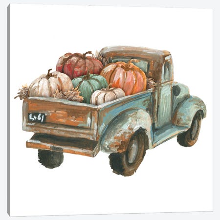 Fall Turquoise Truck With Pumpkins Canvas Print #EPG31} by Ephrazy Graphics Canvas Wall Art