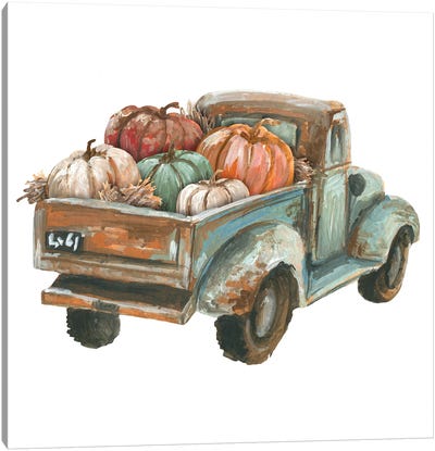 Fall Turquoise Truck With Pumpkins Canvas Art Print - Ephrazy Graphics