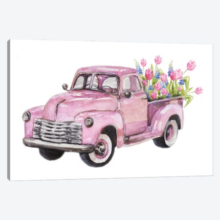Spring Pink Flower Truck Canvas Print #EPG33} by Ephrazy Graphics Canvas Art