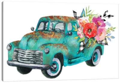 Spring Turquoise Flower Truck Canvas Art Print - Trucks