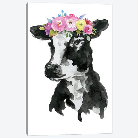 Black White Cow With Flowers Canvas Print #EPG52} by Ephrazy Graphics Canvas Wall Art