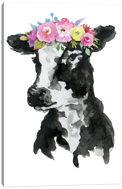 Black White Cow With Flowers Canvas Art Print - Ephrazy Graphics