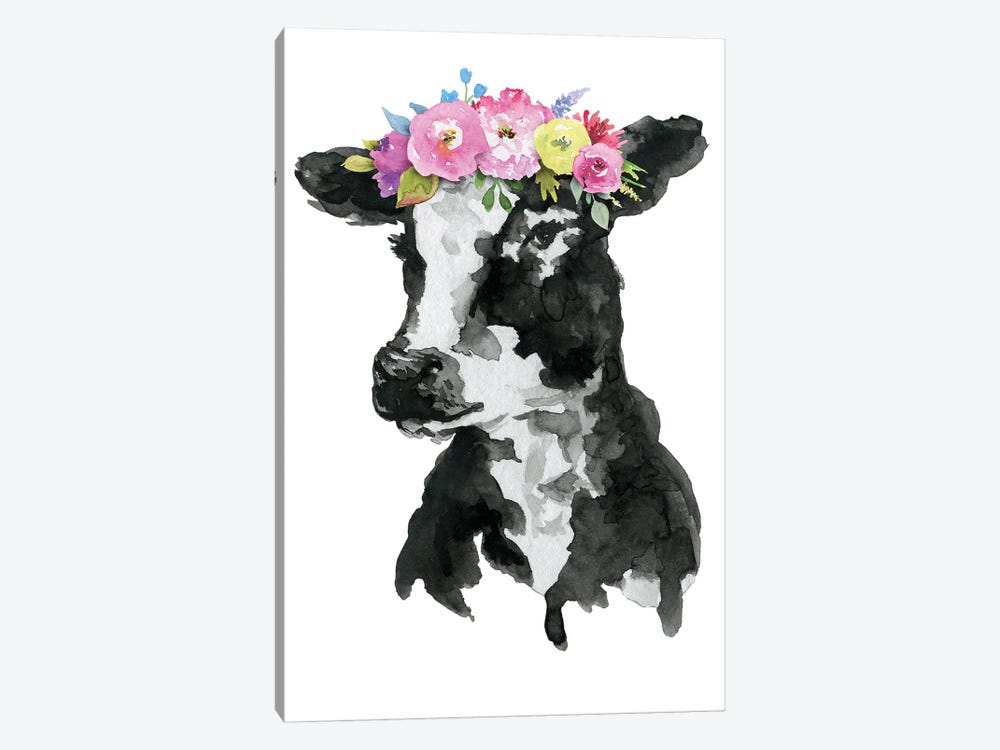 Black White Cow With Flowers by Ephrazy Graphics 1-piece Canvas Artwork