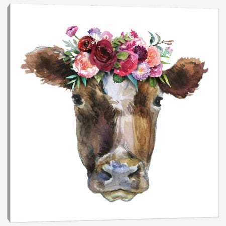 Brown Cow Head With Flowers Canvas Print #EPG53} by Ephrazy Graphics Canvas Wall Art