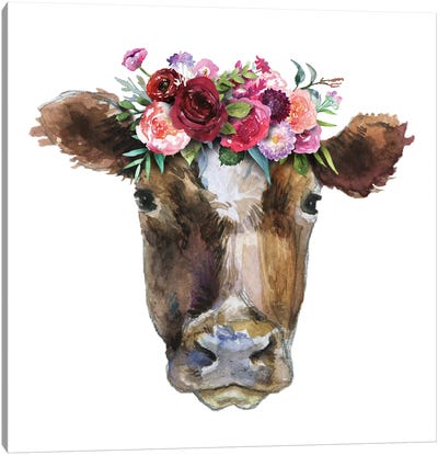 Brown Cow Head With Flowers Canvas Art Print - Ephrazy Graphics