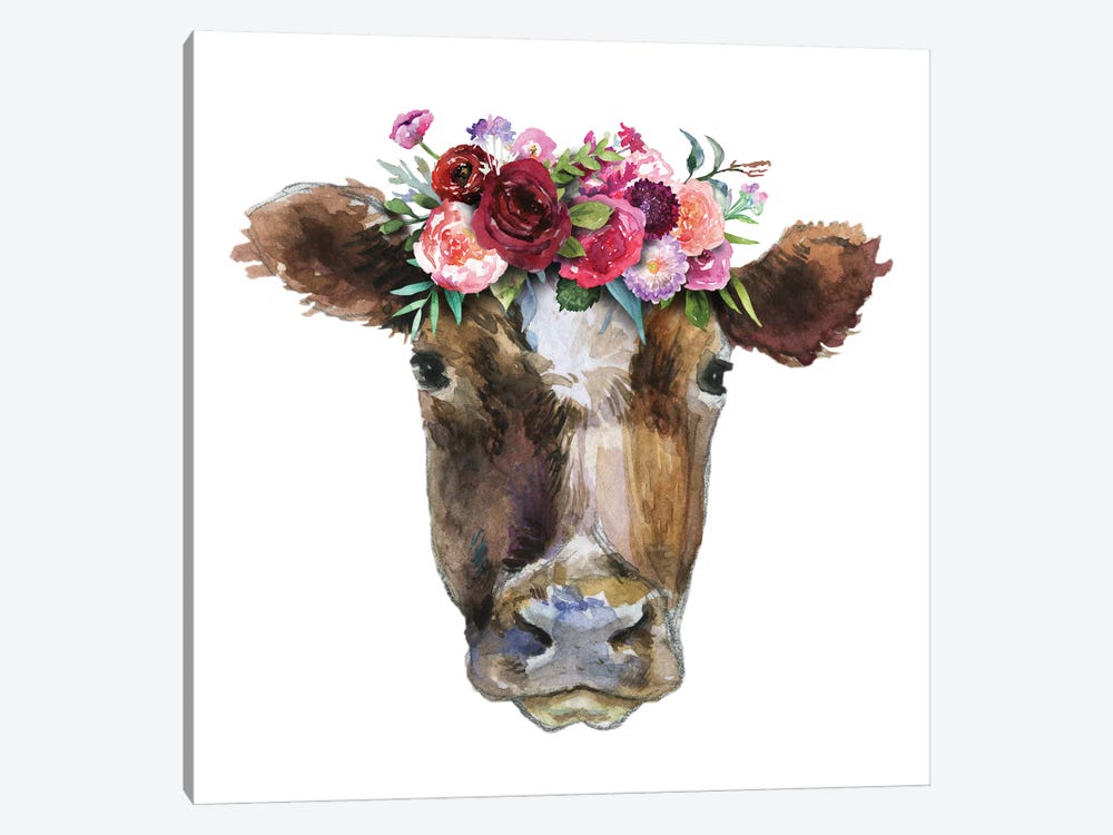 Brown Cow Head With Flowers by Ephrazy Graphics 1-piece Art Print